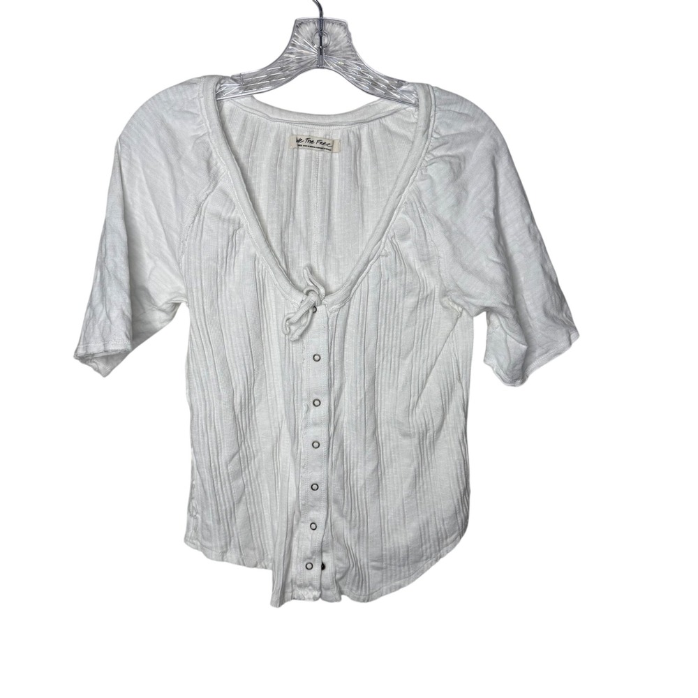 We The Free Free People White Ribbed Snap Front V-Neck Tie Top L Boho Milkmaid